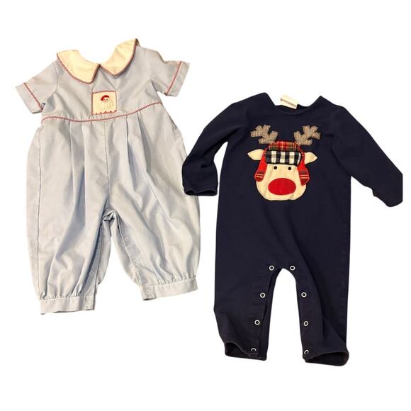 Lot 2 Baby Smock 18M Three Sister/Natalie Grant Christmas Reindeer/Santa Smocked - Picture 1 of 8